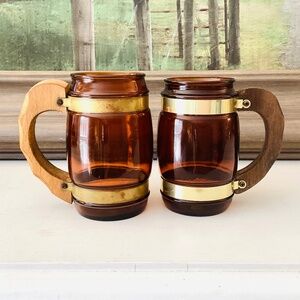 2 Vintage Siesta Ware Amber Glass Wood Handle Collectible Coffee Mug, Beer 12 oz